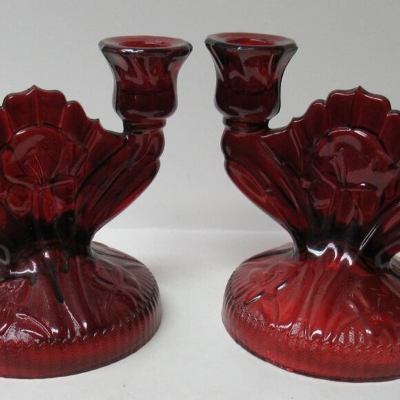 Jeannette Glass Ruby Flashed IRIS and HERRINGBONE Double Branch Candle Holders - Picture 5 of 5